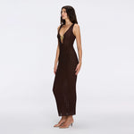 Antibes Brown Metallic Knit Deep V-Neck Maxi Dress with Gold Detail | Moeva | Dress | Each week unveils new pieces—luxury swimwear, fluid resort silhouettes, and elevated summer-to-evening essentials designed to carry you from coastal escapes to city nights.