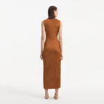 Apollo Brown Satin Sleeveless Long Dress with Side Slit | Moeva | RTW Dresses | Each week unveils new pieces—luxury swimwear, fluid resort silhouettes, and elevated summer-to-evening essentials designed to carry you from coastal escapes to city nights.