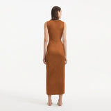 Apollo Brown Satin Sleeveless Long Dress with Side Slit | Moeva | RTW Dresses | Each week unveils new pieces—luxury swimwear, fluid resort silhouettes, and elevated summer-to-evening essentials designed to carry you from coastal escapes to city nights.