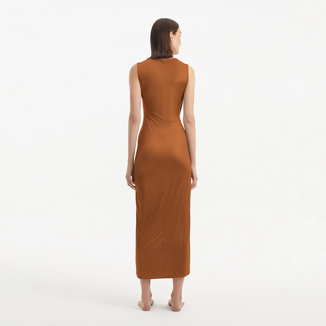 Apollo Brown Satin Sleeveless Long Dress with Side Slit | Moeva | RTW Dresses | Each week unveils new pieces—luxury swimwear, fluid resort silhouettes, and elevated summer-to-evening essentials designed to carry you from coastal escapes to city nights.
