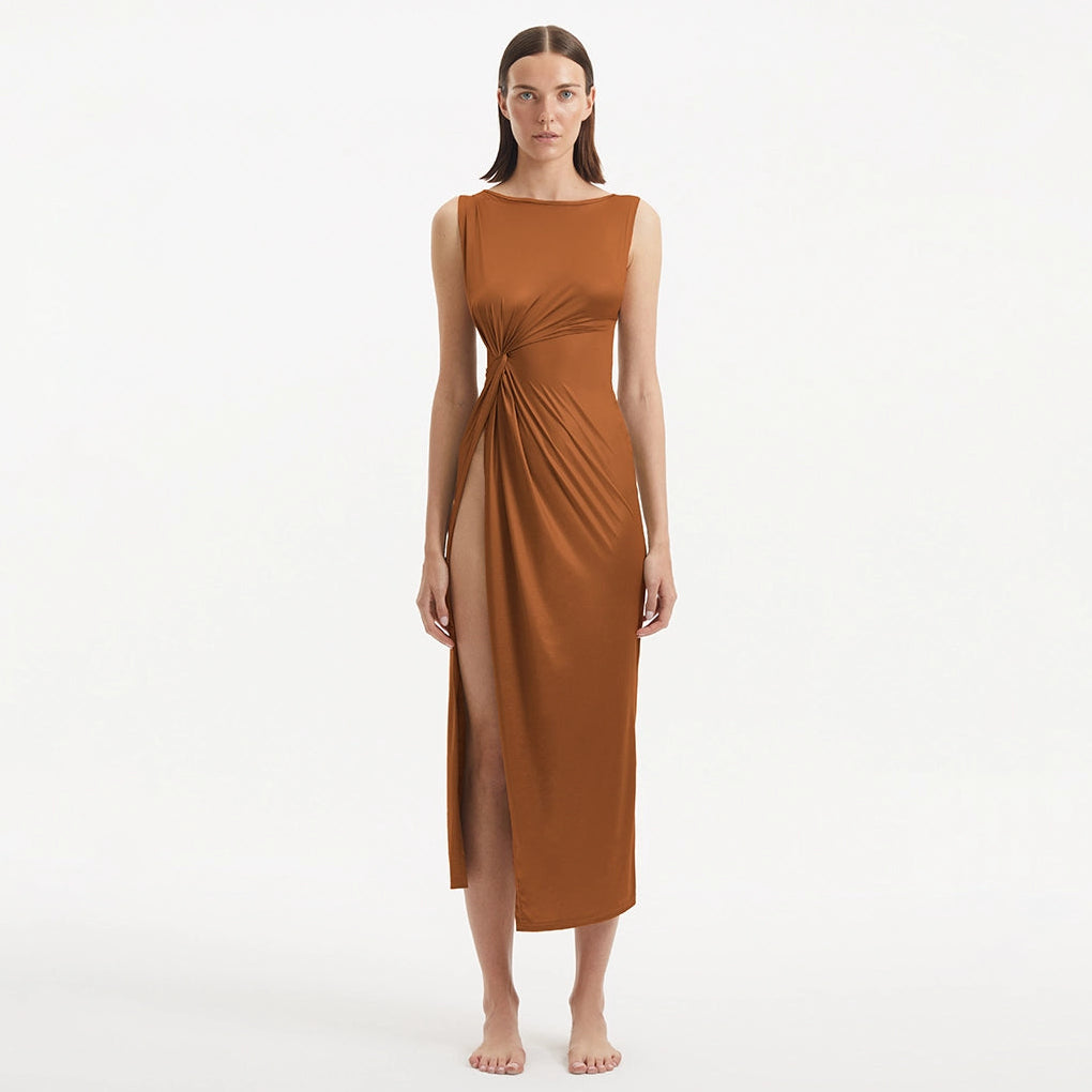 Apollo Brown Satin Sleeveless Long Dress with Side Slit | Moeva | Dress | Each week unveils new pieces—luxury swimwear, fluid resort silhouettes, and elevated summer-to-evening essentials designed to carry you from coastal escapes to city nights.
