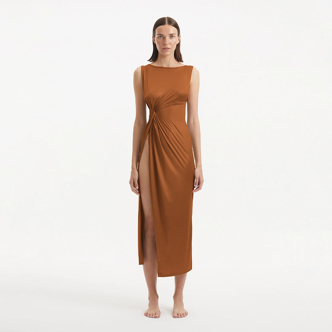 Apollo Brown Satin Sleeveless Long Dress with Side Slit | Moeva | RTW Dresses | Each week unveils new pieces—luxury swimwear, fluid resort silhouettes, and elevated summer-to-evening essentials designed to carry you from coastal escapes to city nights.