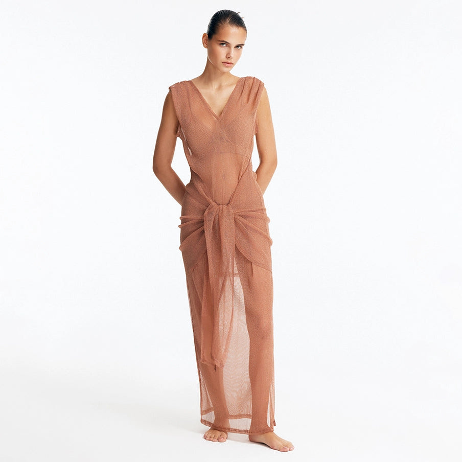 Aster Bronze Mesh Tie Front Maxi Dress | Moeva | Dress | Each week unveils new pieces—luxury swimwear, fluid resort silhouettes, and elevated summer-to-evening essentials designed to carry you from coastal escapes to city nights.