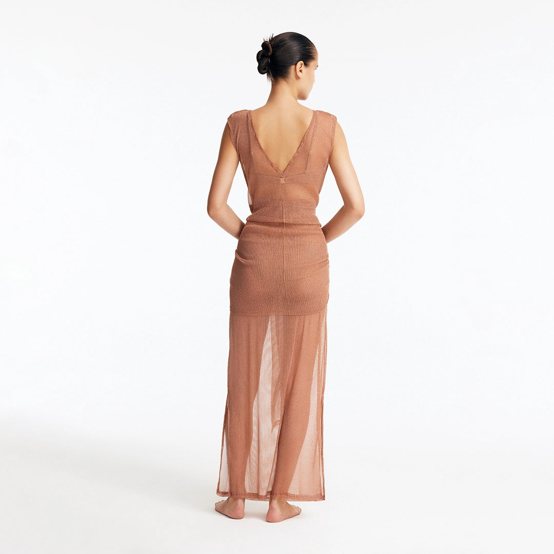 Aster Bronze Mesh Tie Front Maxi Dress | Moeva | Dress | Each week unveils new pieces—luxury swimwear, fluid resort silhouettes, and elevated summer-to-evening essentials designed to carry you from coastal escapes to city nights.