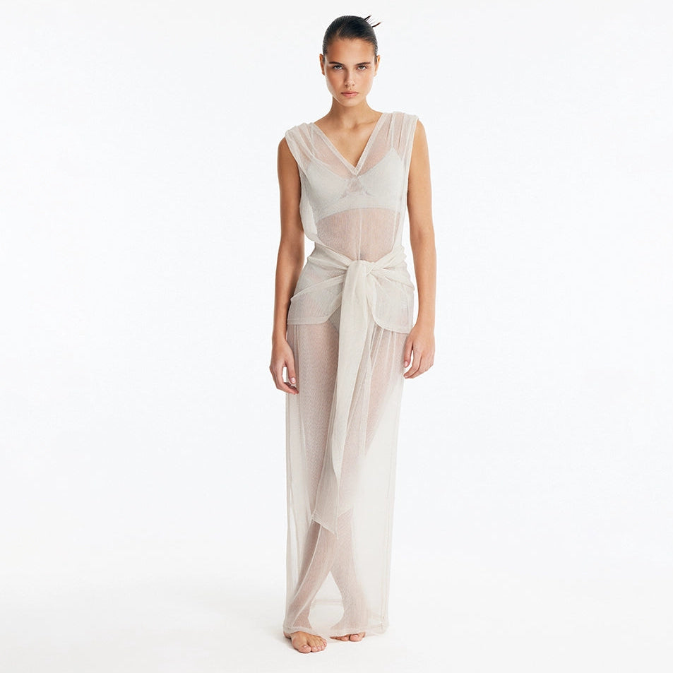 Aster Silver Mesh Tie Front Maxi Dress | Moeva | Dress | Each week unveils new pieces—luxury swimwear, fluid resort silhouettes, and elevated summer-to-evening essentials designed to carry you from coastal escapes to city nights.