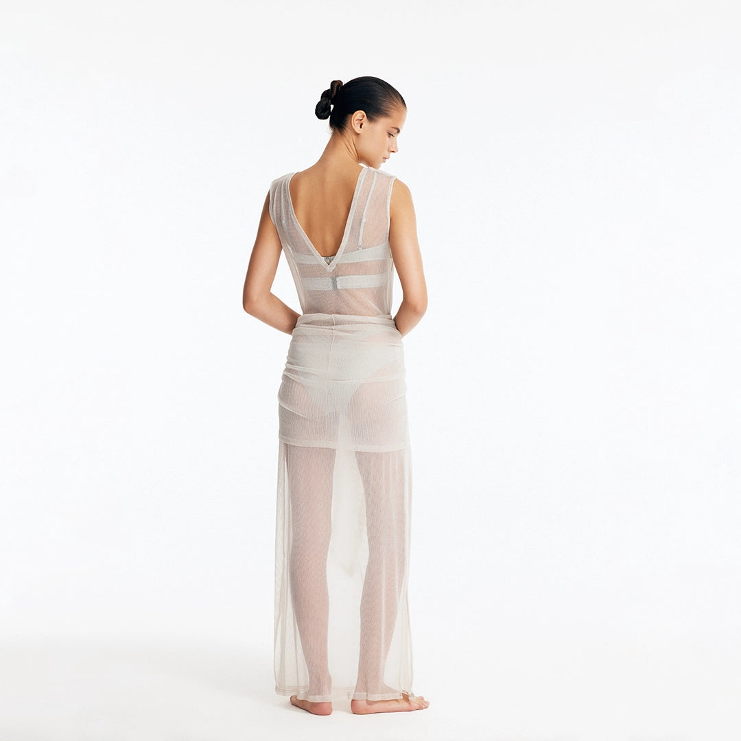 Aster Silver Mesh Tie Front Maxi Dress | Moeva | Dress | Each week unveils new pieces—luxury swimwear, fluid resort silhouettes, and elevated summer-to-evening essentials designed to carry you from coastal escapes to city nights.
