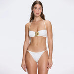 Astrid White Bandeau Gold Detail Satin Bikini Top | Moeva | Bikini Top | Each week unveils new pieces—luxury swimwear, fluid resort silhouettes, and elevated summer-to-evening essentials designed to carry you from coastal escapes to city nights.