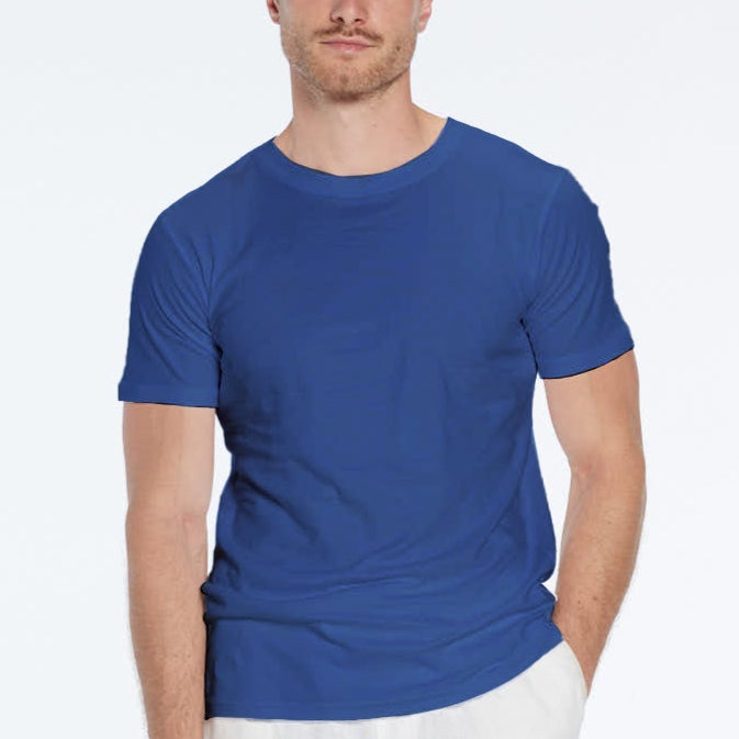 Atlas Dark Blue Cotton Round Neck T-Shirt | Moeva | T-Shirt | Each week unveils new pieces—luxury swimwear, fluid resort silhouettes, and elevated summer-to-evening essentials designed to carry you from coastal escapes to city nights.