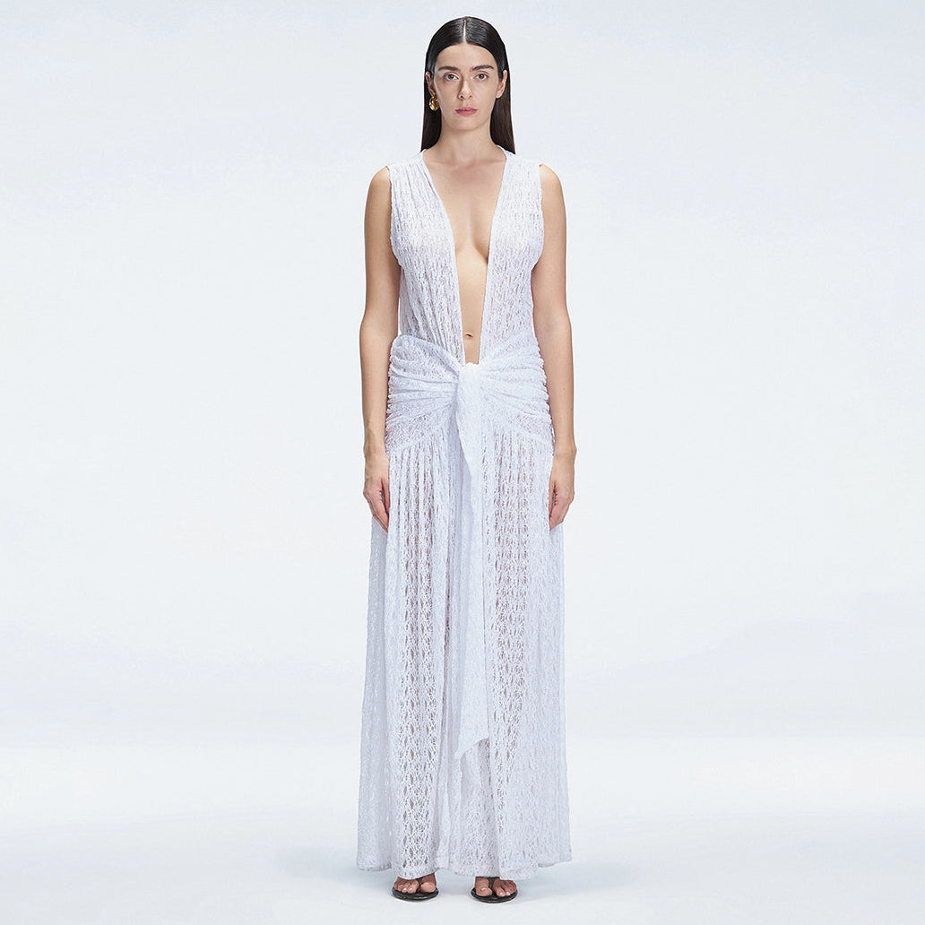 Aveline White Sleeveless Lace Maxi Kaftan | Moeva | Dress | Each week unveils new pieces—luxury swimwear, fluid resort silhouettes, and elevated summer-to-evening essentials designed to carry you from coastal escapes to city nights.