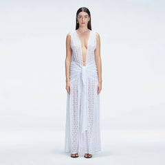 Aveline White Sleeveless Lace Maxi Kaftan | Moeva | Beachwear Dresses | Each week unveils new pieces—luxury swimwear, fluid resort silhouettes, and elevated summer-to-evening essentials designed to carry you from coastal escapes to city nights.