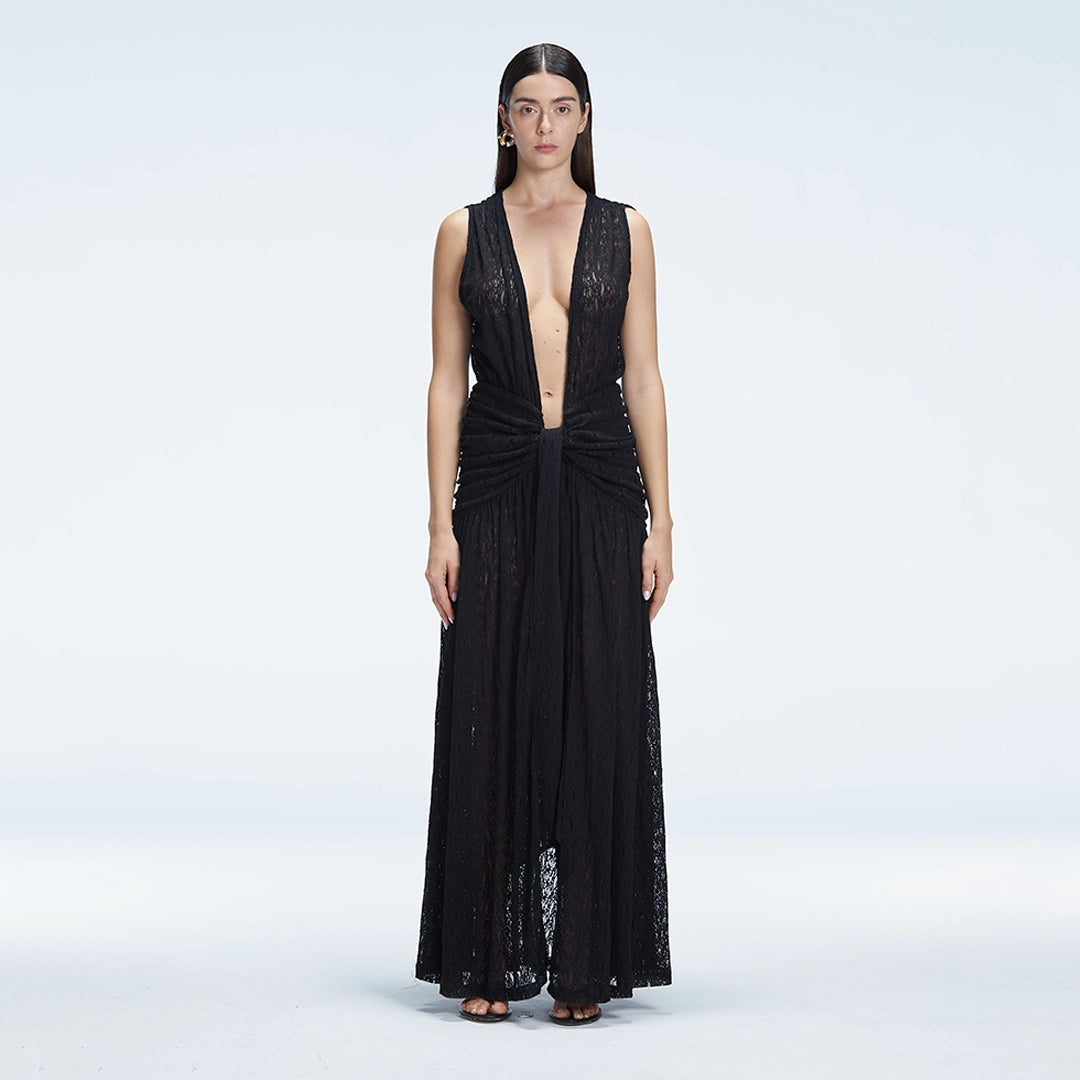 Aveline Black Sleeveless Lace Maxi Kaftan | Moeva | Beachwear Dresses | Each week unveils new pieces—luxury swimwear, fluid resort silhouettes, and elevated summer-to-evening essentials designed to carry you from coastal escapes to city nights.