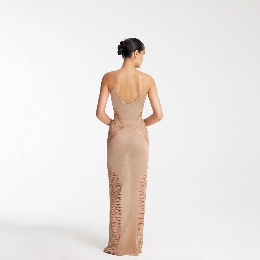 Azalea Bronze Knitted Maxi Dress with Side Mesh Panels | Moeva | Dress | Each week unveils new pieces—luxury swimwear, fluid resort silhouettes, and elevated summer-to-evening essentials designed to carry you from coastal escapes to city nights.