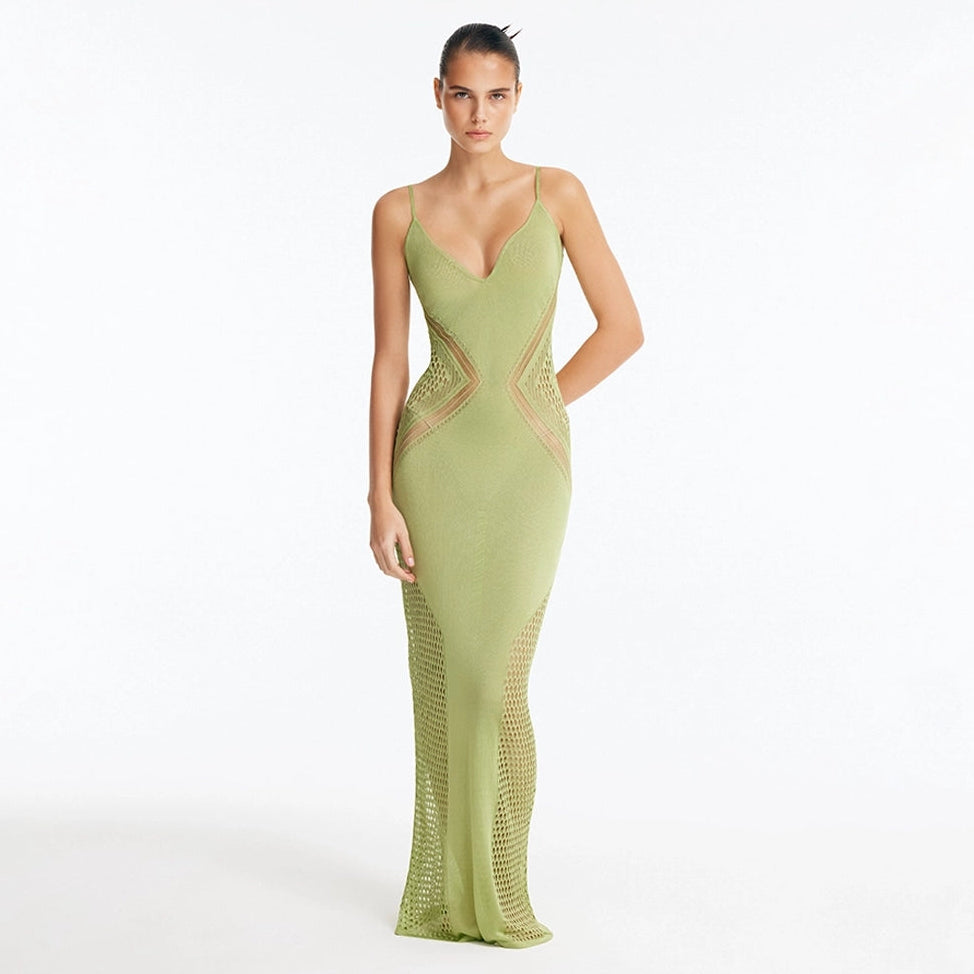 Azalea Green Knitted Maxi Dress with Side Mesh Panels | Moeva | Dress | Each week unveils new pieces—luxury swimwear, fluid resort silhouettes, and elevated summer-to-evening essentials designed to carry you from coastal escapes to city nights.