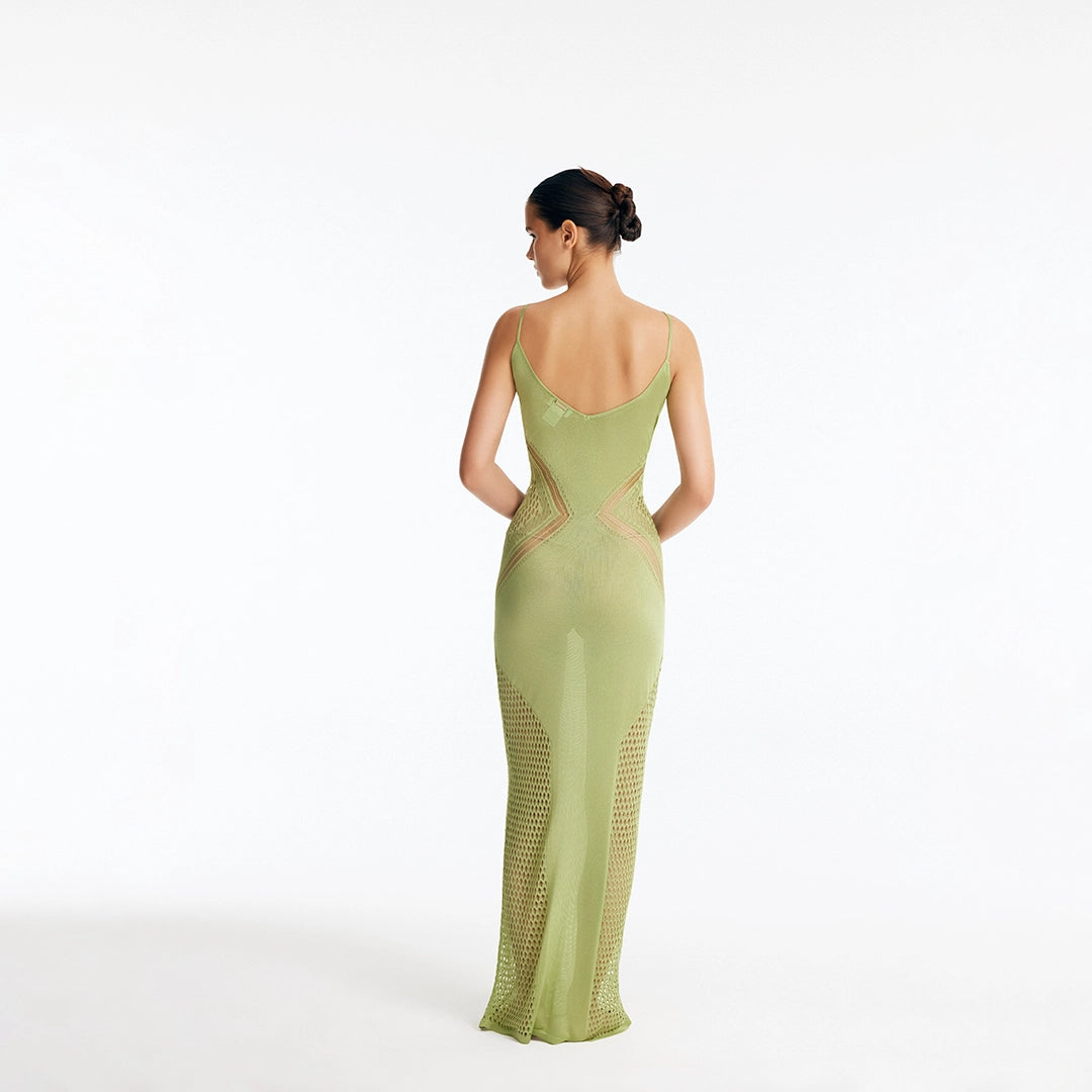 Azalea Green Knitted Maxi Dress with Side Mesh Panels | Moeva | Dress | Each week unveils new pieces—luxury swimwear, fluid resort silhouettes, and elevated summer-to-evening essentials designed to carry you from coastal escapes to city nights.
