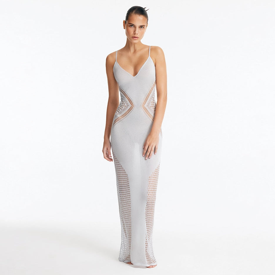 Azalea Silver Knitted Maxi Dress with Side Mesh Panels | Moeva | Dress | Each week unveils new pieces—luxury swimwear, fluid resort silhouettes, and elevated summer-to-evening essentials designed to carry you from coastal escapes to city nights.