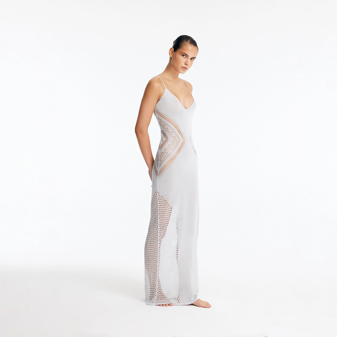 Azalea Silver Knitted Maxi Dress with Side Mesh Panels | Moeva | Dress | Each week unveils new pieces—luxury swimwear, fluid resort silhouettes, and elevated summer-to-evening essentials designed to carry you from coastal escapes to city nights.