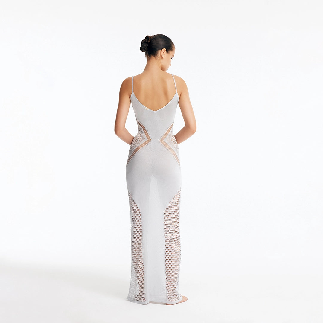 Azalea Silver Knitted Maxi Dress with Side Mesh Panels | Moeva | Dress | Each week unveils new pieces—luxury swimwear, fluid resort silhouettes, and elevated summer-to-evening essentials designed to carry you from coastal escapes to city nights.