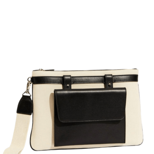 Azzura Ecru Linen & Black Leather Contrast Flap Clutch | Moeva | Bag | Each week unveils new pieces—luxury swimwear, fluid resort silhouettes, and elevated summer-to-evening essentials designed to carry you from coastal escapes to city nights.