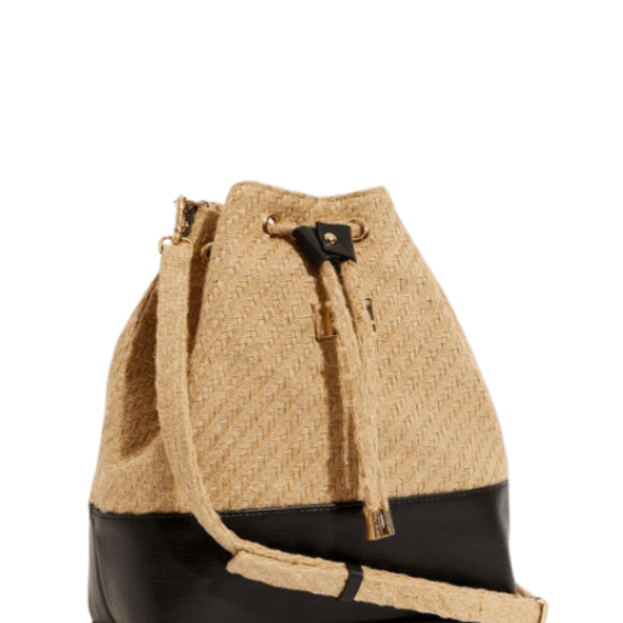 Fiorella Beige Natural Woven Straw Bucket Bag with Leather Black Base | Moeva | Bag | Each week unveils new pieces—luxury swimwear, fluid resort silhouettes, and elevated summer-to-evening essentials designed to carry you from coastal escapes to city nights.