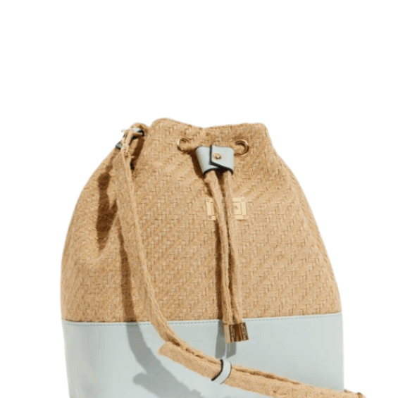 Fiorella Beige Natural Woven Straw Bucket Bag with Leather Blue Base | Moeva | Bag | Each week unveils new pieces—luxury swimwear, fluid resort silhouettes, and elevated summer-to-evening essentials designed to carry you from coastal escapes to city nights.