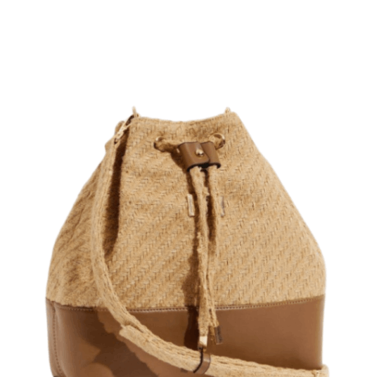 Fiorella Beige Natural Woven Straw Bucket Bag with Leather Brown Base | Moeva | Bag | Each week unveils new pieces—luxury swimwear, fluid resort silhouettes, and elevated summer-to-evening essentials designed to carry you from coastal escapes to city nights.