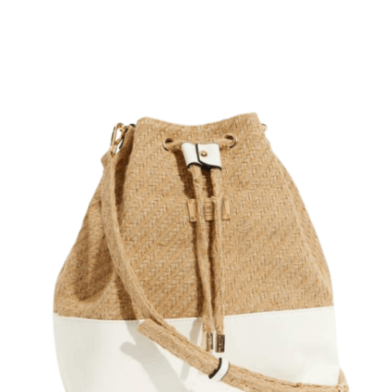 Fiorella Beige Natural Woven Straw Bucket Bag with Leather White Base | Moeva | Bag | Each week unveils new pieces—luxury swimwear, fluid resort silhouettes, and elevated summer-to-evening essentials designed to carry you from coastal escapes to city nights.