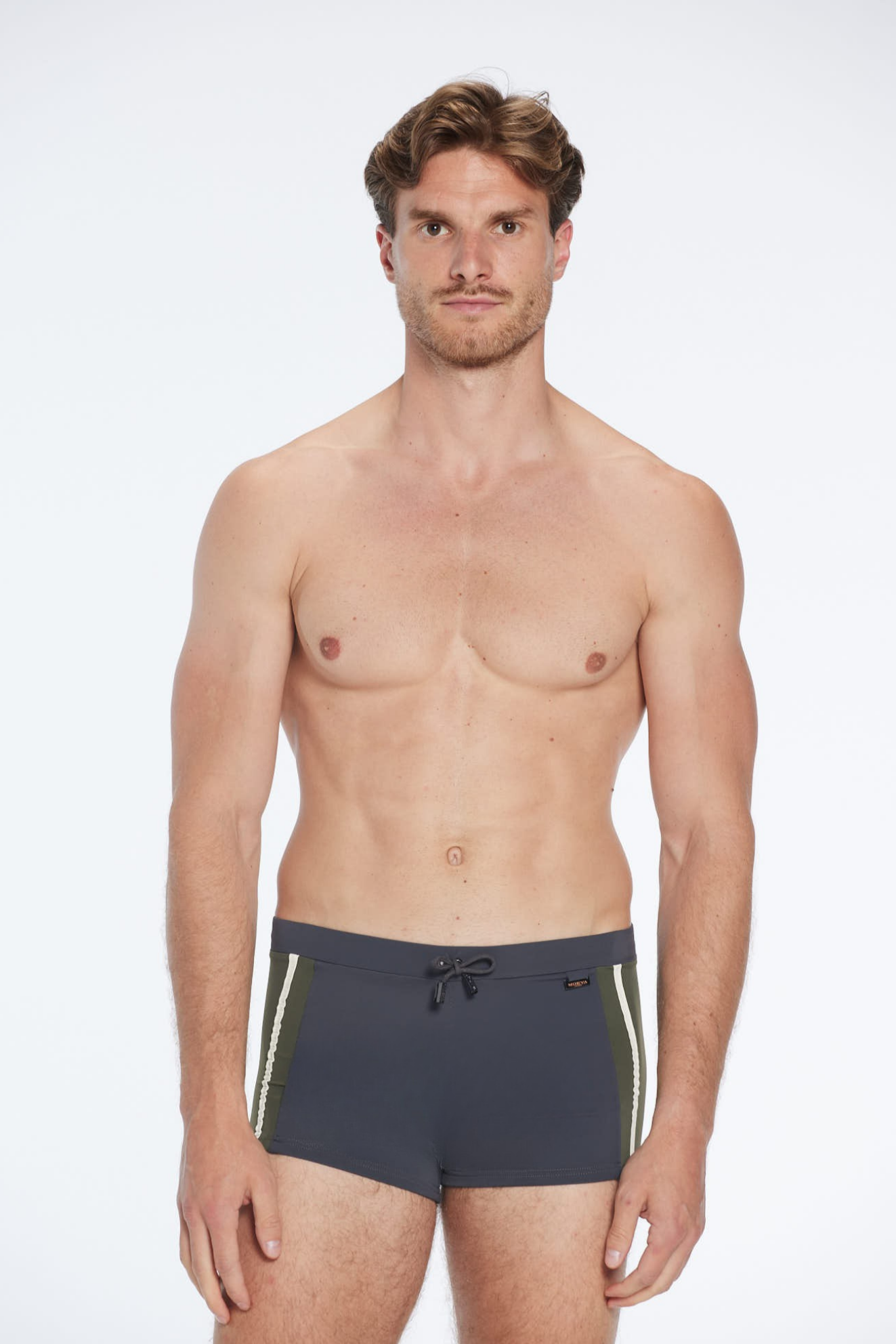 Antonio Grey / Green / White Swim Trunks with Drawcord | Moeva | Trunks | Each week unveils new pieces—luxury swimwear, fluid resort silhouettes, and elevated summer-to-evening essentials designed to carry you from coastal escapes to city nights.