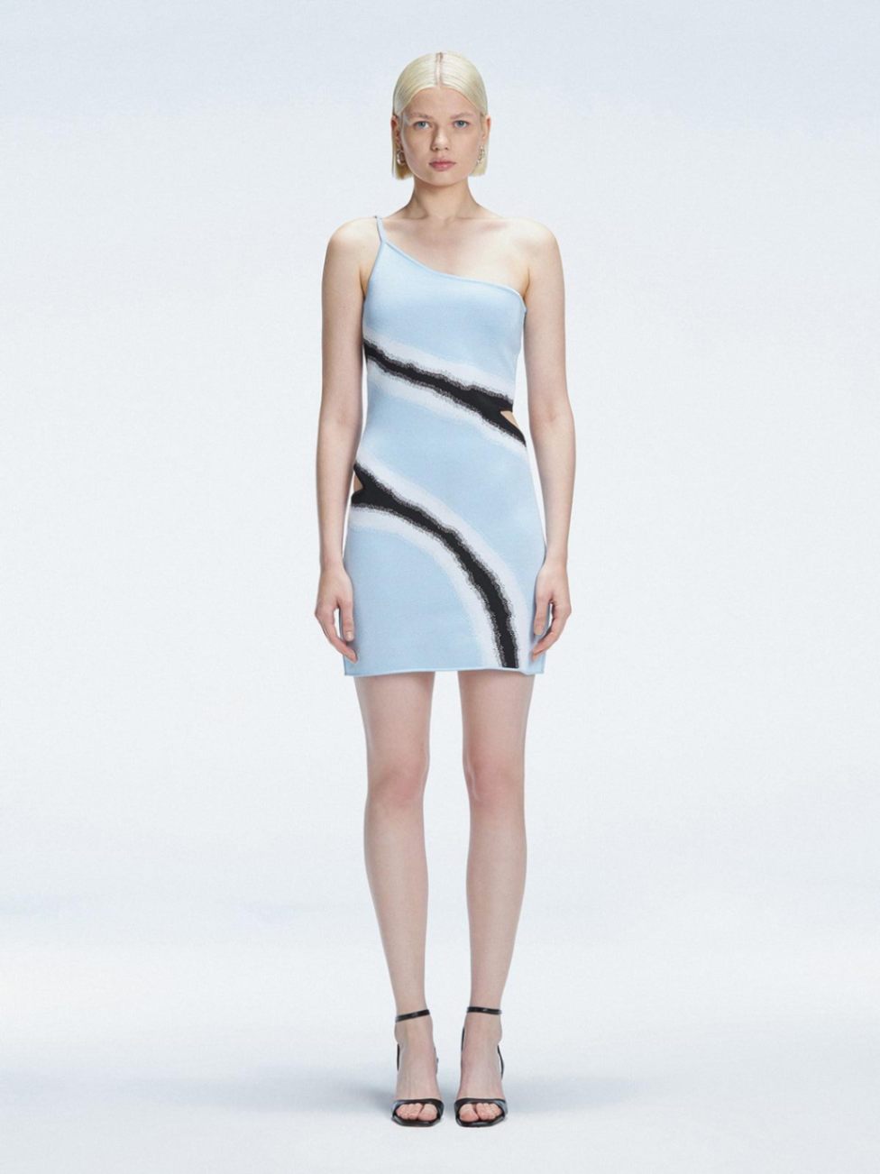 Model showcasing the Agatha Blue Degraded Dress with one-shoulder silhouette and adjustable strap.