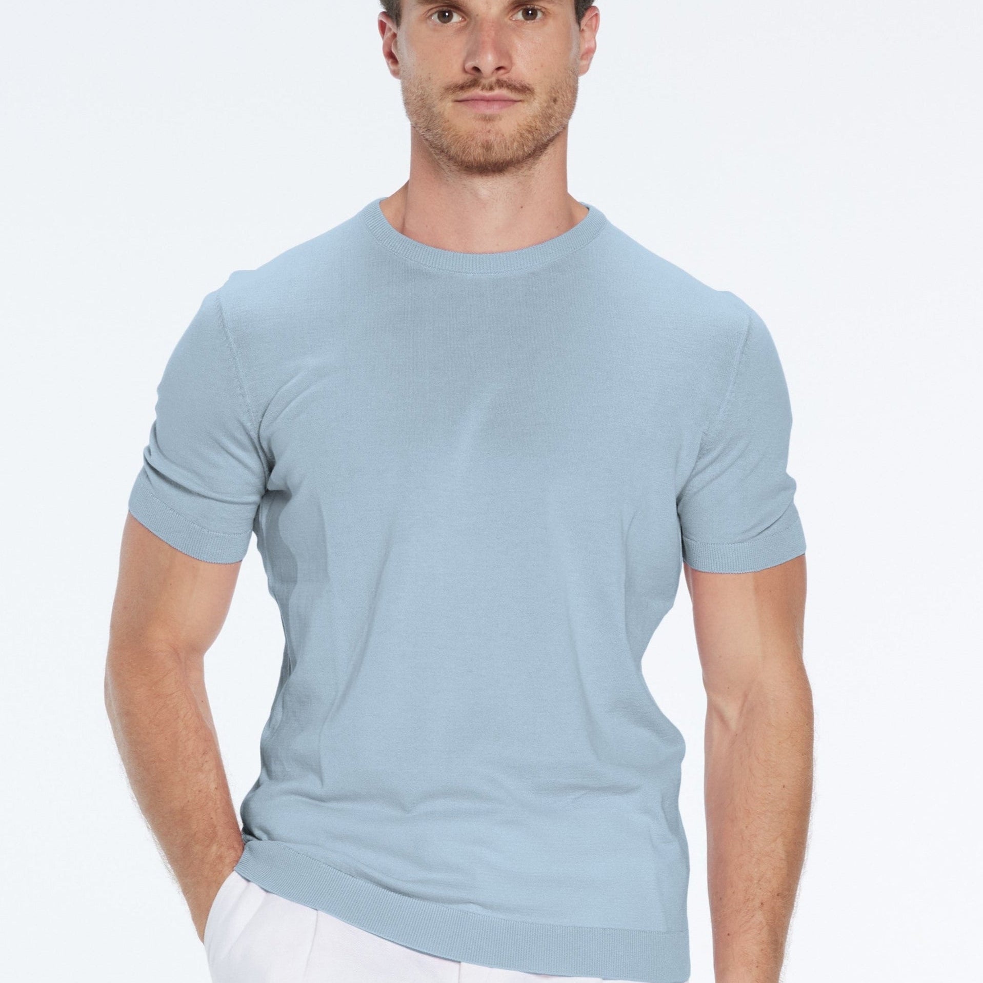 Baron Baby Blue Round-Neck Cotton T-Shirt | Moeva | T-Shirt | Each week unveils new pieces—luxury swimwear, fluid resort silhouettes, and elevated summer-to-evening essentials designed to carry you from coastal escapes to city nights.
