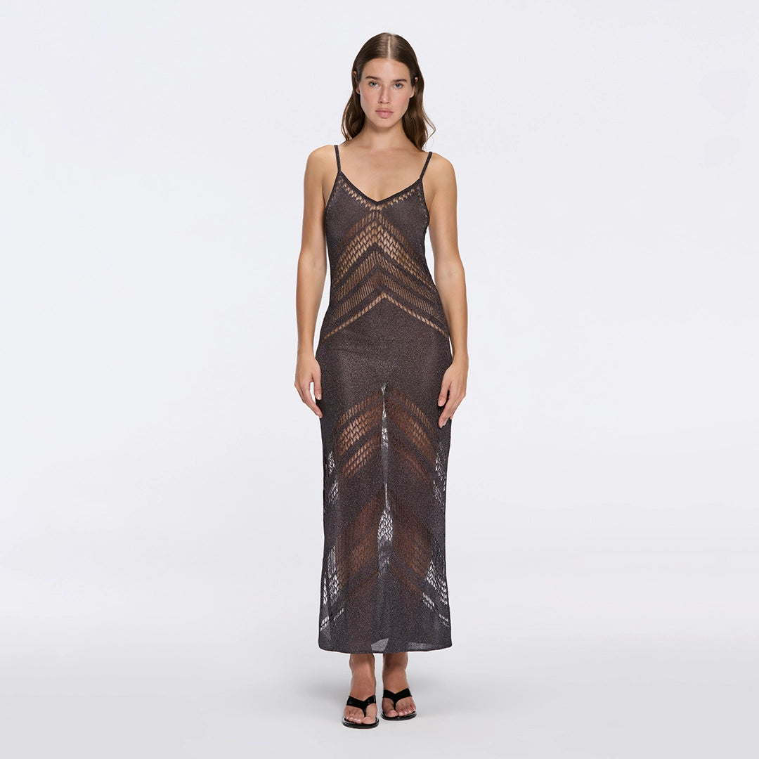 Beaulieu Black Metallic Knit Maxi Dress with V-Neckline and Side Slit | Moeva | Dress | Each week unveils new pieces—luxury swimwear, fluid resort silhouettes, and elevated summer-to-evening essentials designed to carry you from coastal escapes to city nights.
