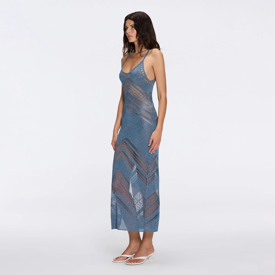 Beaulieu Blue Metallic Knit Maxi Dress with V-Neckline and Side Slit | Moeva | Dress | Each week unveils new pieces—luxury swimwear, fluid resort silhouettes, and elevated summer-to-evening essentials designed to carry you from coastal escapes to city nights.