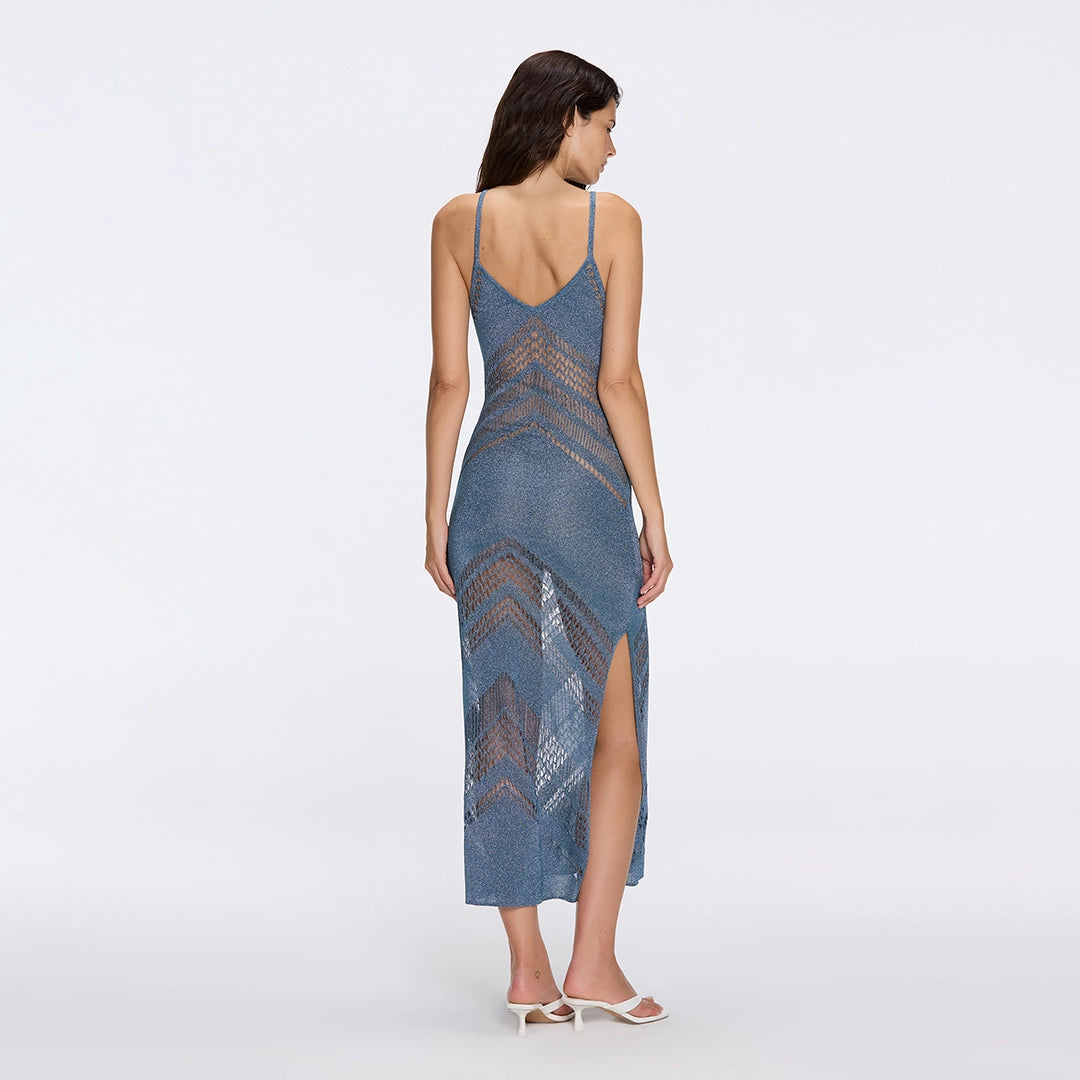 Beaulieu Blue Metallic Knit Maxi Dress with V-Neckline and Side Slit | Moeva | Dress | Each week unveils new pieces—luxury swimwear, fluid resort silhouettes, and elevated summer-to-evening essentials designed to carry you from coastal escapes to city nights.