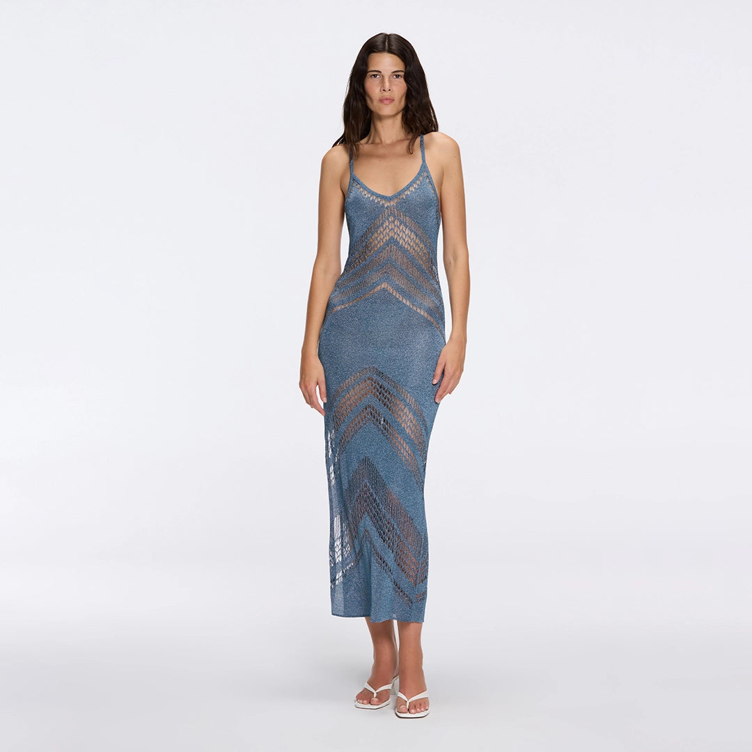 Beaulieu Blue Metallic Knit Maxi Dress with V-Neckline and Side Slit | Moeva | Dress | Each week unveils new pieces—luxury swimwear, fluid resort silhouettes, and elevated summer-to-evening essentials designed to carry you from coastal escapes to city nights.