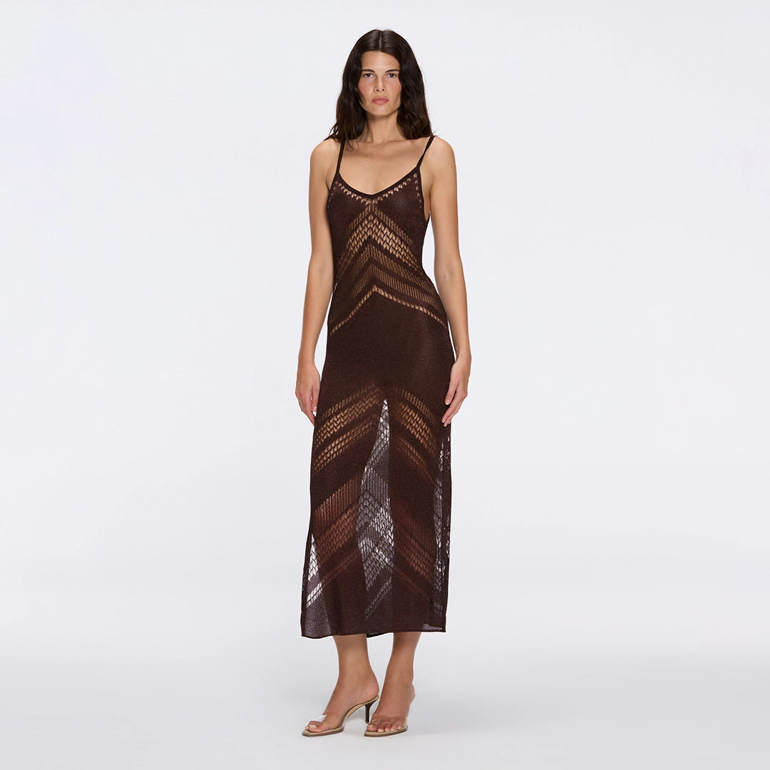 Beaulieu Brown Metallic Knit Maxi Dress with V-Neckline and Side Slit | Moeva | Dress | Each week unveils new pieces—luxury swimwear, fluid resort silhouettes, and elevated summer-to-evening essentials designed to carry you from coastal escapes to city nights.