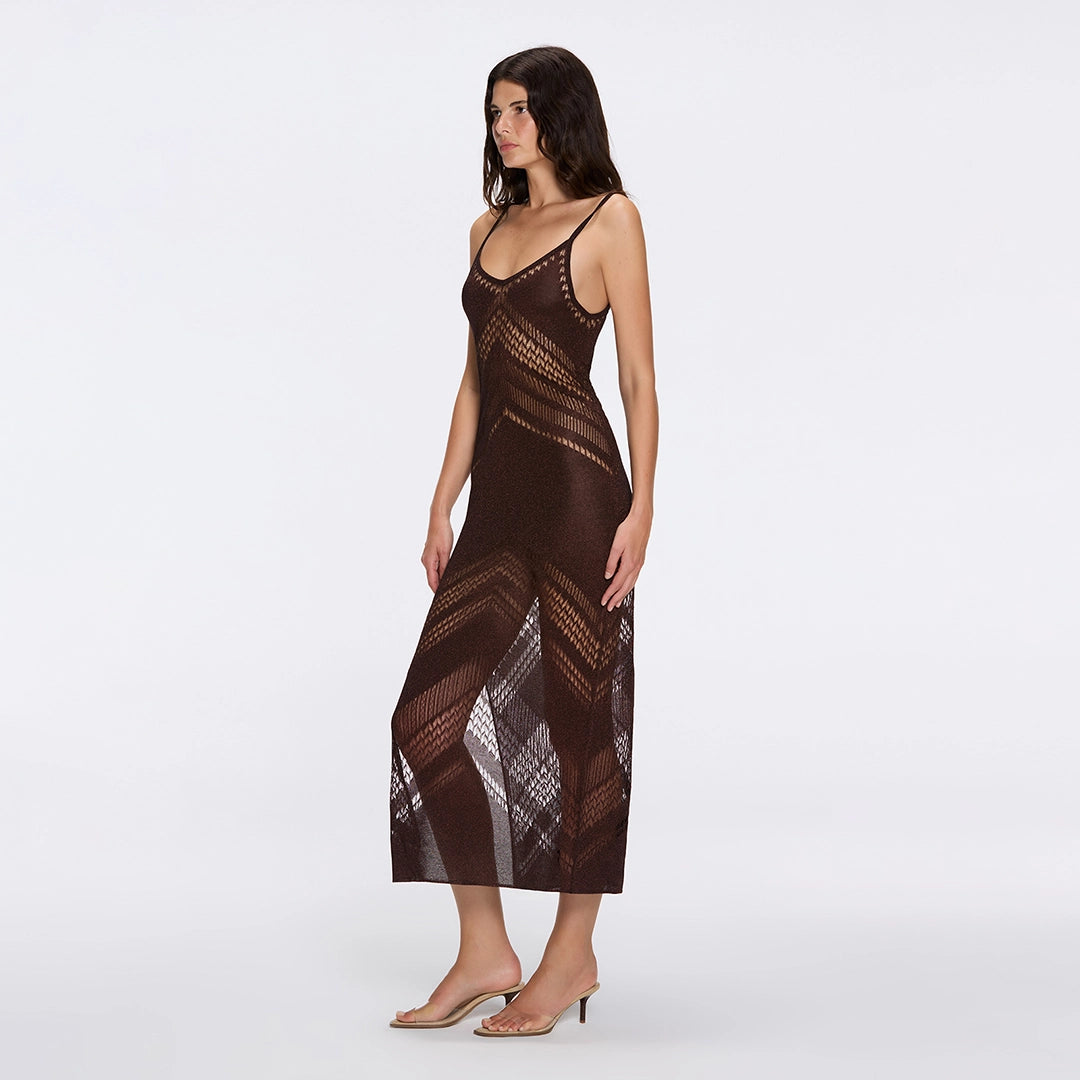 Beaulieu Brown Metallic Knit Maxi Dress with V-Neckline and Side Slit | Moeva | Dress | Each week unveils new pieces—luxury swimwear, fluid resort silhouettes, and elevated summer-to-evening essentials designed to carry you from coastal escapes to city nights.