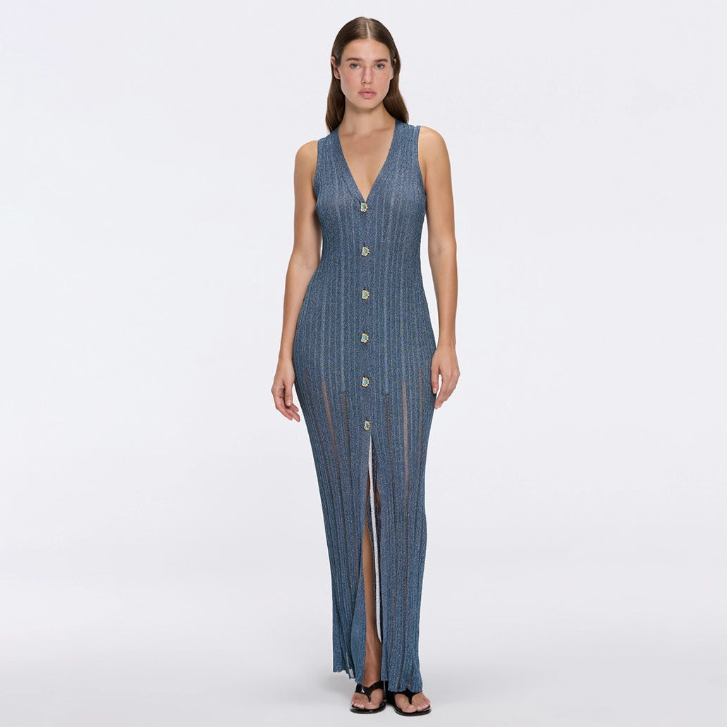 Biot Blue Metallic Knit V-Neck Gold Button-Down Dress | Moeva | Dress | Each week unveils new pieces—luxury swimwear, fluid resort silhouettes, and elevated summer-to-evening essentials designed to carry you from coastal escapes to city nights.