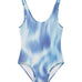 Birdie Blue Optical Kids One Piece laid flat, highlighting the vibrant blue print and fully lined design.
