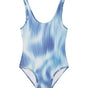 Birdie Blue Optical Kids One Piece laid flat, highlighting the vibrant blue print and fully lined design.
