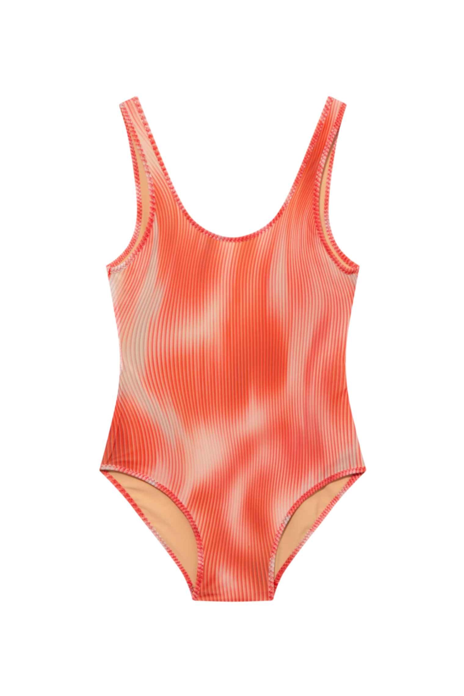 Birdie Red Optical Kids One Piece laid flat, displaying the eye-catching red print and classic scoop neck.
