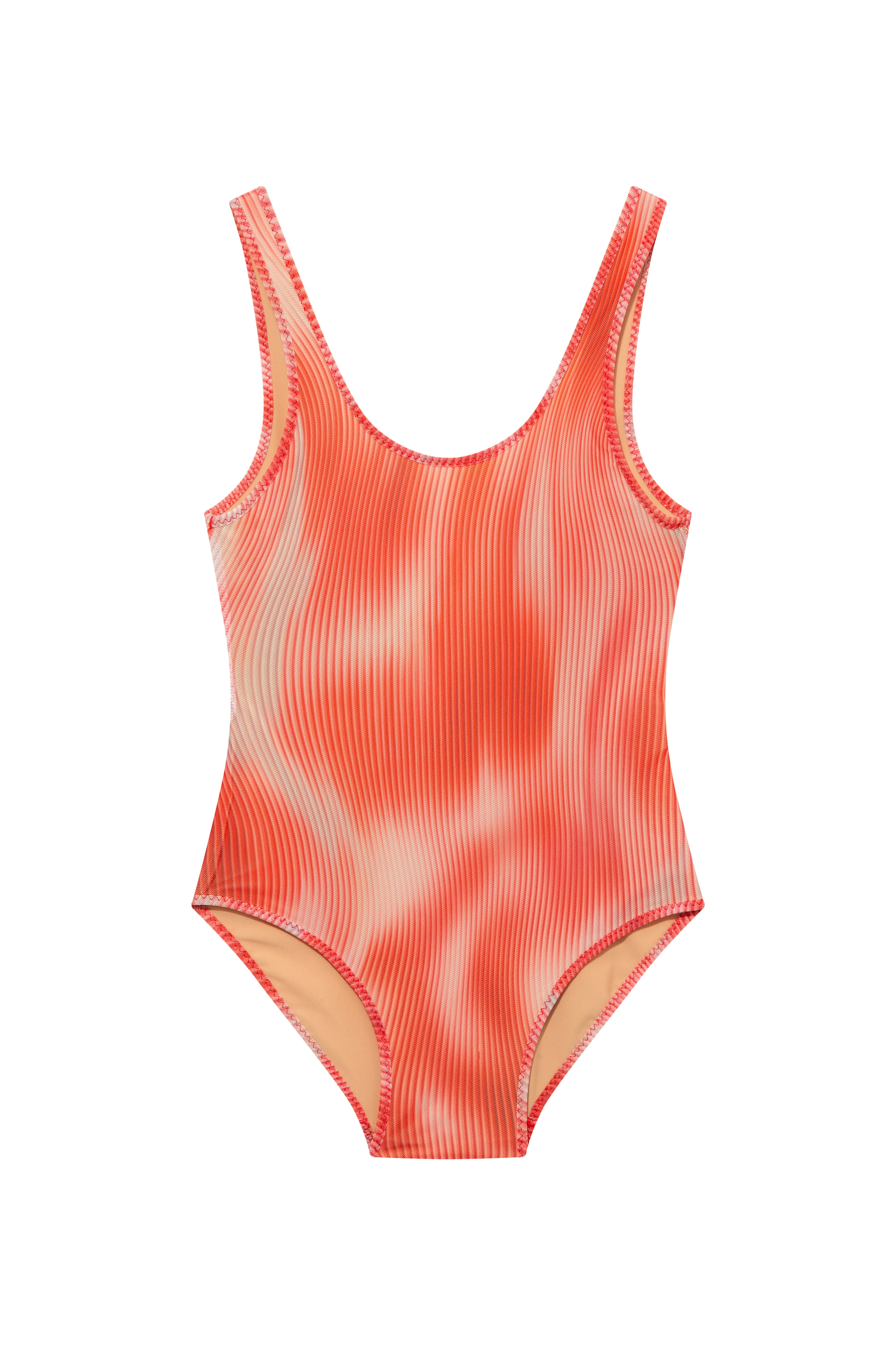 Birdie Red Optical Kids One Piece laid flat, displaying the eye-catching red print and classic scoop neck.
