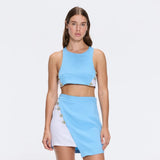 Bodrum Crop Top And Riviera Blue-White Asymmetric Mini Skort Set | Moeva | RTW Bustiers | Each week unveils new pieces—luxury swimwear, fluid resort silhouettes, and elevated summer-to-evening essentials designed to carry you from coastal escapes to city nights.