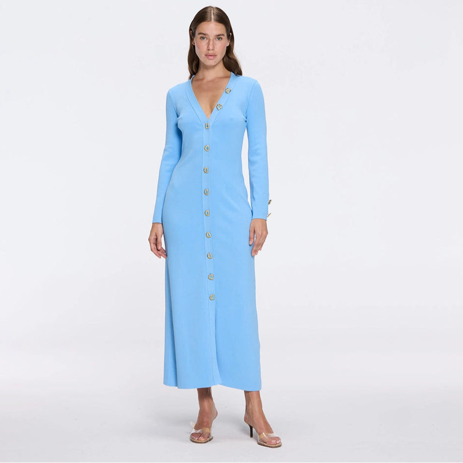 Brezia Blue Knitted Maxi Dress with Long Sleeves and Gold Button Details | Moeva | Dress | Each week unveils new pieces—luxury swimwear, fluid resort silhouettes, and elevated summer-to-evening essentials designed to carry you from coastal escapes to city nights.