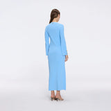 Brezia Blue Knitted Maxi Dress with Long Sleeves and Gold Button Details | Moeva | RTW Dresses | Each week unveils new pieces—luxury swimwear, fluid resort silhouettes, and elevated summer-to-evening essentials designed to carry you from coastal escapes to city nights.