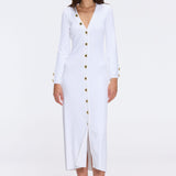 Brezia White Knitted Maxi Dress with Long Sleeves and Gold Button Details