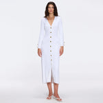 Brezia White Knitted Maxi Dress with Long Sleeves and Gold Button Details | Moeva | Dress | Each week unveils new pieces—luxury swimwear, fluid resort silhouettes, and elevated summer-to-evening essentials designed to carry you from coastal escapes to city nights.