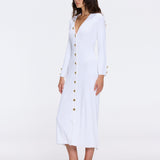 Brezia White Knitted Maxi Dress with Long Sleeves and Gold Button Details