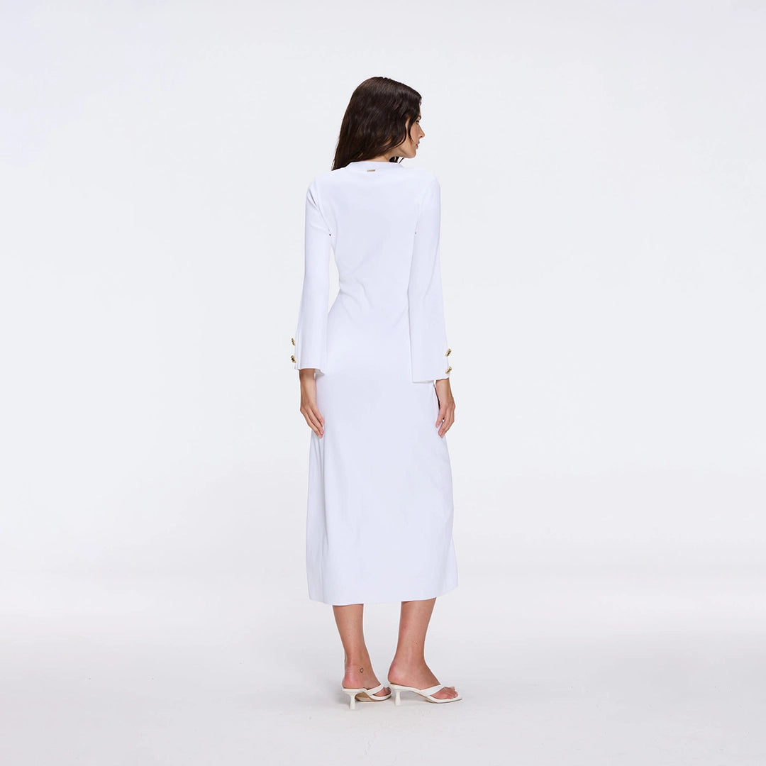 Brezia White Knitted Maxi Dress with Long Sleeves and Gold Button Details | Moeva | RTW Dresses | Each week unveils new pieces—luxury swimwear, fluid resort silhouettes, and elevated summer-to-evening essentials designed to carry you from coastal escapes to city nights.