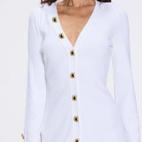 Brezia White Knitted Maxi Dress with Long Sleeves and Gold Button Details