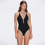 Brie V Neck Button Detail Black Swimsuit | Moeva | Swimsuit | Each week unveils new pieces—luxury swimwear, fluid resort silhouettes, and elevated summer-to-evening essentials designed to carry you from coastal escapes to city nights.
