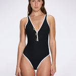 Brie V Neck Button Detail Black Swimsuit | Moeva | Swimsuit | Each week unveils new pieces—luxury swimwear, fluid resort silhouettes, and elevated summer-to-evening essentials designed to carry you from coastal escapes to city nights.